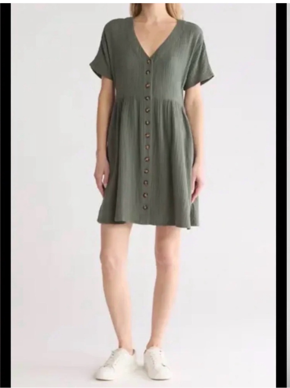 Madewell 100% Gauze Cotton V-Neck Button-Front Mini Dress - Olive Green Small